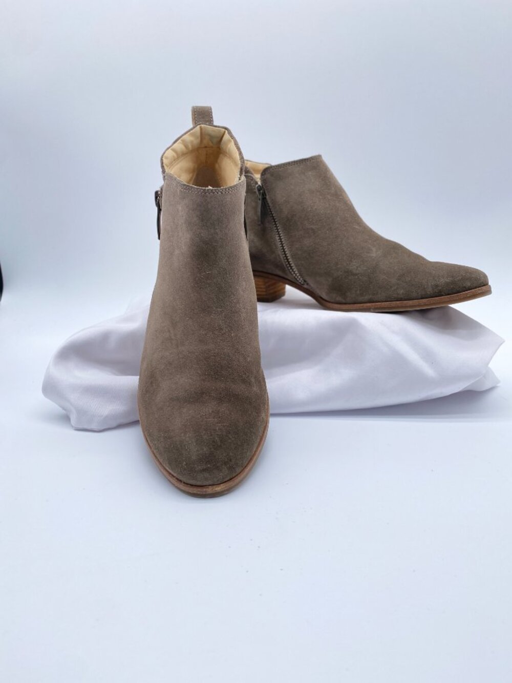 Paul Green Suede Ankle Booties Taupe Side Zip Block Heel Women’s 6.5